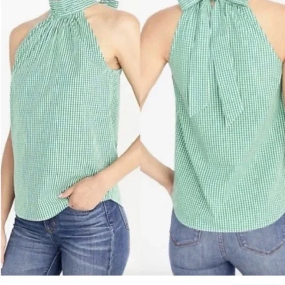 J.Crew Sleeveless Blouse with Tie Back Green Gingham Size 6 - Picture 1 of 7